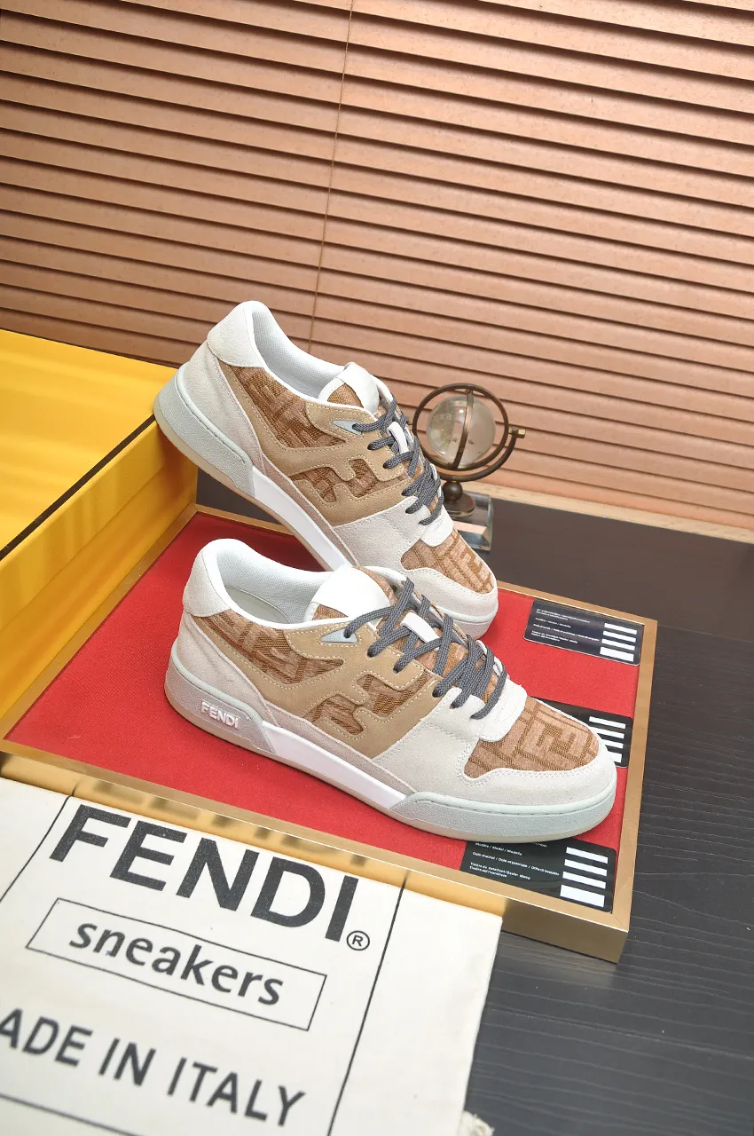 Men's shoes 💰600💶 [Fendi] The latest couple model 🔥 Many 💑 stars have the same style. FD match is a one-to-one replica of the original version. The first fendi match created by designer Kim Jones and Trainer basketball sneakers by Donkey. Material: Original silk leather. Lining: breathable mesh. Packaging: Original 1:1 matching high-end packaging. Size: Female 35-40 Male 38-44 (45 46. Custom-made (no return or exchange)